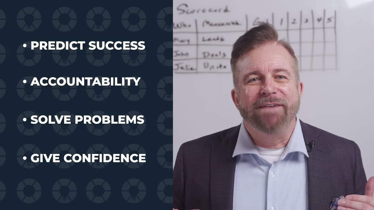 Ray Myers at a whiteboard showing an EOS Scorecard layout